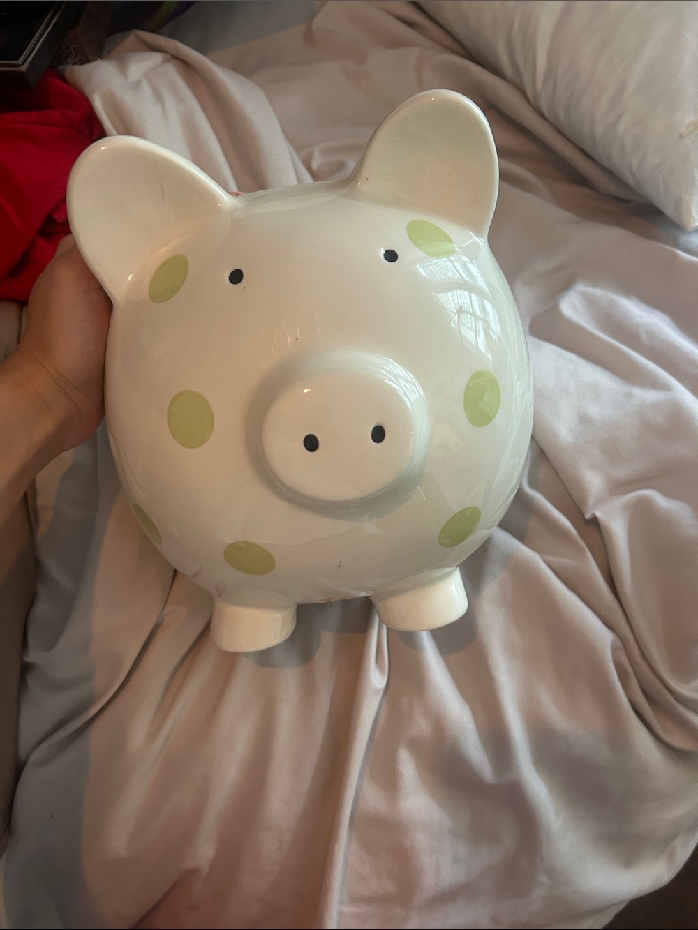 White Ceramic Piggy Bank with Light Green Polka Dots